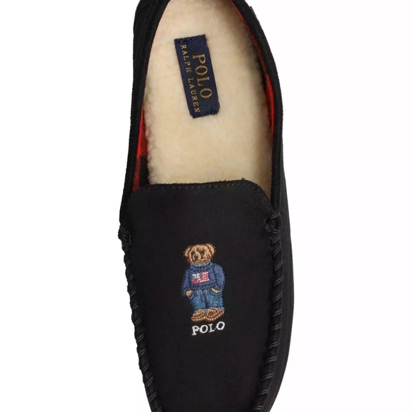 Polo Ralph Lauren Americana Polo Bear Slippers Memory Foam Black Size 10 New - Picture 2 of 13